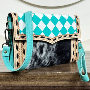 Sac à main mini bandoulière de style occidental pour femmes, grande capacité, élégant, portefeuille pour téléphone portable, sac à main en cuir à carreaux travaillé à la main - Product Image 4