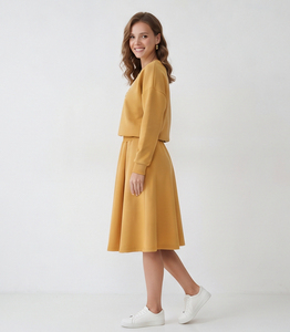 Women's Fleece Knee Length <b>Skirts</b> Set Casual 100% Cotton Mid Elastic Waist Printed Sweatshirt Long Sleeve Crew Neck <b>Skirts</b> Set - Product Image 4