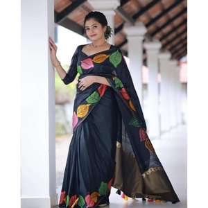 DISEÑADOR BANARASI SEDA TEJIDO TRABAJO SAREE CON BLUSA SIN COSTAR NEGRO - Product Image 1