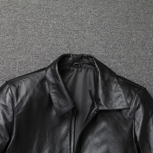 Delicate Calfskin Genuine <b>Leather</b> Men's <b>Jacket</b>-Regular Slim-Fit Stand Collar Smart Lapel Plus-Size Varsity <b>Jacket</b> Front Logo - Product Image 2
