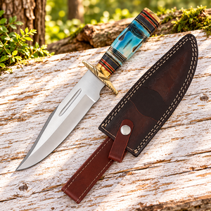 Couteau Bowie artisanal de 13 pouces en acier inoxydable avec manche en os fossile bleu et poinçon en laiton, avec étui en cuir marron - Product Image 1