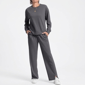 Women's Casual Summer Loose Fit Long Sleeve V-Neck Solid Two-Piece Cotton Polyester <b>Knitting</b> <b>Set</b> XL XXL Sizes - Product Image 5
