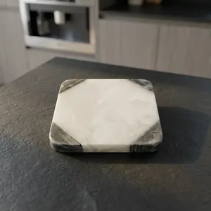 Posavasos Cuadrado de Mármol Blanco Hecho a Mano con Incrustaciones de Piedra Gris Natural, Resistente al Calor, Protector de Mesa para Hogar y Oficina - Product Image 5