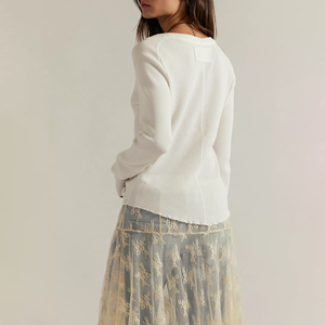 Stylish Women White Crew Neck Long Sleeve Knitted Sweater Regular Fit Solid Color <b>Waffle</b> Casual Breathable Cotton Summer Women T - Product Image 2