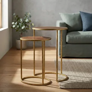 Modern Handmade Round Wooden Coffee <b>Table</b> with Iron Legs <b>Nesting</b> Design - Product Image 5