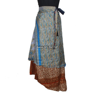 Vintage Indian Silk Sari <b>Magic</b> Wrap Around Skirts <b>Beach</b> Wear Skirt 2 Layer Reversible <b>Magic</b> Silk Sari Wrap Long Skirt Reversible - Product Image 3