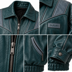 Genuine Leather Bomber Jacket <b>Womens</b> Dark Teal Green Grey Panel Elastic Waist Zipper Collar <b>Coat</b> Custom Oem Supplier - Product Image 6