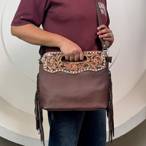Manufacturer Wholesale Prices Hand Tooled Genuine Leather Fringe Crossbody Shoulder Bag for Women's Cowhide Top Handle Handbags - Product Image 4