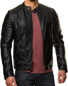 <b>Men's</b> Black Real Lambskin <b>Leather</b> Biker <b>Jacket</b> Slim Fit Turn-down Collar Zipper Closure Solid Color Autumn Wear - Product Image 2