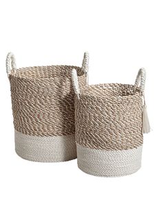 Eco Friendly Hand Woven Seagrass <b>Basket</b> Set Featuring <b>White</b> and Natural Pattern Storage <b>Laundry</b> Hamper Container Bin - Product Image 3