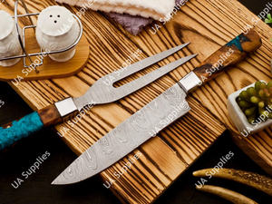 Ensemble de couteaux de chef professionnels forgés à la main en acier Damas, couteau à découper et fourchette, manche personnalisable en résine d'olivier, OEM/ODM - Product Image 3