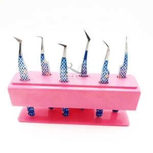 Pince à cils en acier inoxydable Silver Tip / à revêtement papier, avec poignée diamantée, et support de rangement pour 6 pinces, ensemble couleur rose - Product Image 1