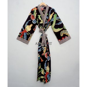 Kimono Kantha de Algodón Hecho a Mano, Diseño Floral, Cuello en V, Cintura Natural, Transpirable y de Secado Rápido, para Verano - Product Image 4