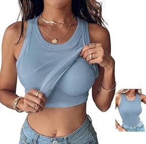 Women's Pink Ribbed <b>Bra</b> Top With Yellow And <b>Blue</b> Trim Racerback Sporty Style Wire Free Seamless Crop Top Summer Wear Built <b>Bras</b> - Product Image 6