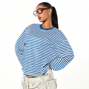 T-shirts décontractés à manches longues et col rond pour femmes, en coton, avec logo personnalisé, style hip-hop, de haute qualité, amples et rayés - Product Image 1