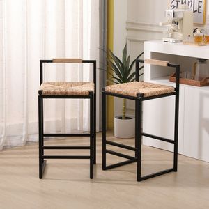 Set di 2 Sgabelli da Bar in Giacinto d'Acqua Intrecciato, Sedie da Pranzo Alte con Schienale per Cucina e Ufficio Domestico - Product Image 1
