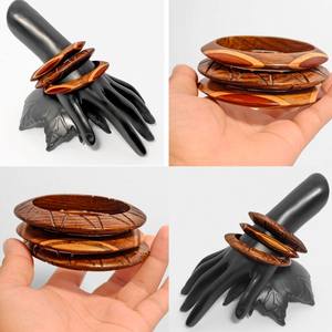 Handmade Carved Wood <b>Bangle</b> <b>Set</b> Artisanal Inlay Art Sisso Sheesham & Saffron Teak Hexagonal & Inlaid Designs Satin Polish - Product Image 5