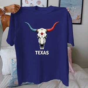 Camiseta de Mujer con Estampado de Calavera de Vaca de Texas, Corte Regular Informal, 100% Algodón, Cuello Redondo, Manga Corta, para Todas las Temporadas - Product Image 4