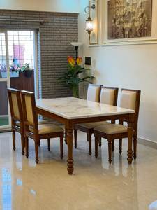 Luxury Marble <b>Top</b> <b>Dining</b> <b>Table</b> Set with Solid Teak Turned Legs and High Back Upholstered Chairs for Elegant <b>Dining</b> Rooms - Product Image 1