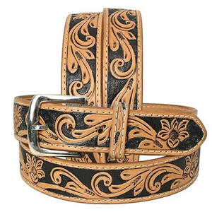 Luxury <b>Western</b> Leather Tooling <b>Belt</b> Hand Carved Cowboy Leaf Pattern with Heavy Floral Brass Buckle Custom Length tooled <b>belt</b> - Product Image 4