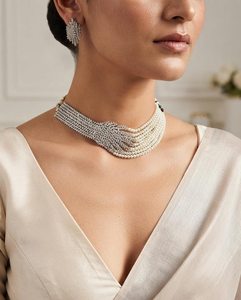 AD Stone Pearl Rose Gold Plated Brass Multi Strand Choker Necklace Earrings Romantic <b>Indian</b> Wedding Jewelry Set Statement Party - Product Image 5