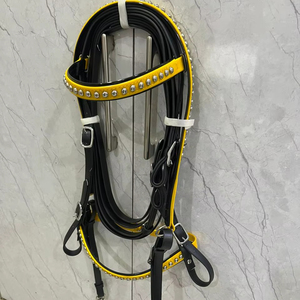 Cabezada negra y amarilla con surcingle de PVC (BIOTHENE), frontal y paseador con tachuelas metálicas, juego de brida impermeable para caballo LLT - Product Image 1
