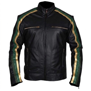 Men's Black PU Leather <b>Waterproof</b> Windproof Breathable Moto <b>Jacket</b> Orange <b>Red</b> Stripe Zipper Front Stand Collar Regular Fit - Product Image 4