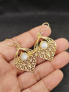 Moonstone Export Brass Gemstone Drop Earrings Bulk Handcrafted Gold Plated Finish Moonstone Pattern Bezel - Product Image 3