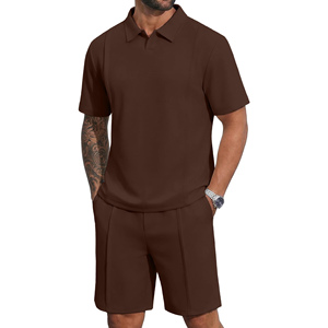 Men's Brown Polo Shirt & Shorts <b>Set</b> Solid Color Casual Summer Wear Breathable <b>Knitted</b> Cotton Outfit Tracksuits For Men's - Product Image 5