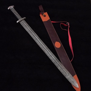 ดาบเหล็กดามัสกัสทำมือ ใบมีดปลายแหลมตรง พร้อมปลอกหนัง - Product Image 1