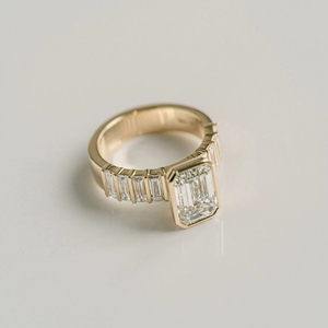 Elegant 3CT Emerald Cut Moissanite <b>Ring</b> 14k Yellow <b>Gold</b> Bezel <b>Set</b> Baguette Shoulder Half Eternity Band Wedding <b>Ring</b> - Product Image 1