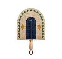 Domed navy blue green and gold woven seagrass fan handmade cooling accessory traditional ethnic style for beach party and summer