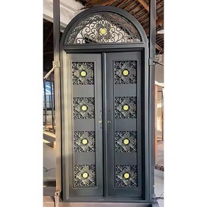 Royal Luxury Rust-resistant Wrought Iron Main Door with Geometric Glass Panels Minimalist <b>Swing</b> Entryway Easy Assembly - Product Image 2
