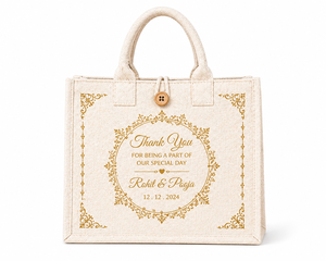 Sac cadeau de mariage en jute laminé avec fermeture à bouton imprimé or, écologique, logo personnalisé, sac fourre-tout - Product Image 1