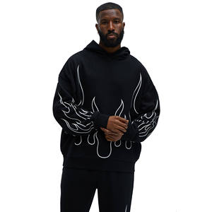 Sweat à capuche en molleton 100 % coton noir pour homme avec imprimé flamme, poche avant personnalisable avec logo, style sportif, grandes tailles, vêtement d'hiver - Product Image 1