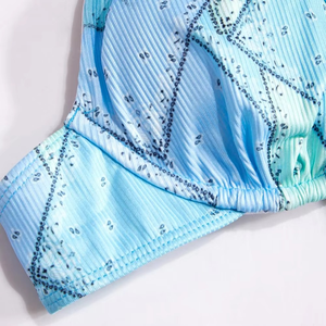 Ensemble bikini bleu imprimé pour femme, froncé avec cordon de serrage à l'avant, deux pièces, bretelles réglables, maillot de bain, tenue de plage, fournisseur OEM - Product Image 4