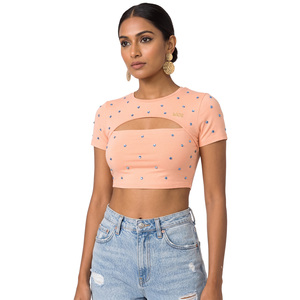 <b>Rhinestone</b> Embellished Cutout <b>Crop</b> <b>Top</b> Half Sleeve Slim Fit women's shirt Custom Logo Boutique Apparel Allover Crystals Detail - Product Image 1