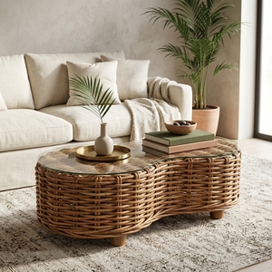 New Modern Minimalist Rinjani <b>Round</b> Coffee <b>Table</b> Natural Woven Rattan Glass Top Center Tea Accent <b>Table</b> Living Room Patio - Product Image 3