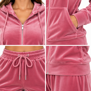 Conjunto Deportivo de Terciopelo Rosa para Mujer, con Capucha, Corte Holgado, Casual, para Todas las Temporadas, 2 Piezas, Manga Larga, Pantalones Deportivos de Velour - Product Image 5
