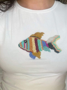 Unique Design Handmade Customizable White Cotton Jersey for <b>Top</b> Beaded Fish Patch Sleeveless Vest Women Summer Casual Holiday - Product Image 4