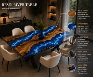 Table de salle à manger en résine bleu océan sur mesure, table de salle à manger en noyer avec bord naturel, mobilier en bois moderne, planche de cuisine de luxe - Product Image 5