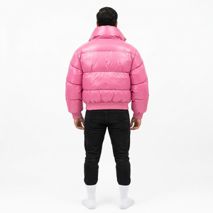 Chaqueta Acolchada Rosa para Hombre, Cuello Alto, Cierre de Cremallera, Relleno Grueso de Poliéster, Estilo Casual de Invierno, Corte Holgado, Color Sólido, Transpirable - Product Image 4