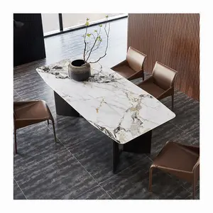 Elegant living room furniture table chairs set 6 seater rectangle ceramic dining table with stainless steel base