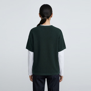 T-shirt gaufré double couche pour femme, manches longues, couleur unie, en polyester, col rond - Product Image 2