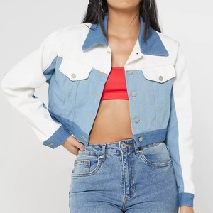 Women Two-Tone <b>Denim</b> <b>Jacket</b> Blue White Color Block Casual <b>Cropped</b> Button-Up Outerwear Spring Cotton Woven - Product Image 3