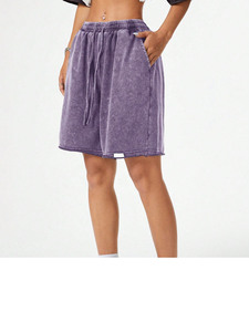 Shorts de Algodón de Cintura Alta para Mujer, Color Morado Sólido, con Cordón Ajustable, Corte Holgado, Casual, Transpirable, Estilo Lavado a la Arena - Product Image 5