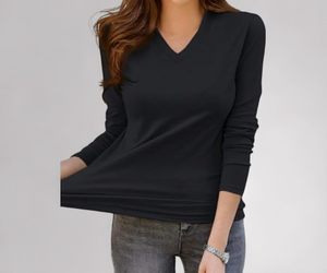 Camiseta de Verano de Manga Larga con Cuello en V para Mujer, Lisa, de Algodón y Bambú, de Secado Rápido, Ecológica, con Acabado Perfecto, Cómoda y de Corte Regular - Product Image 2