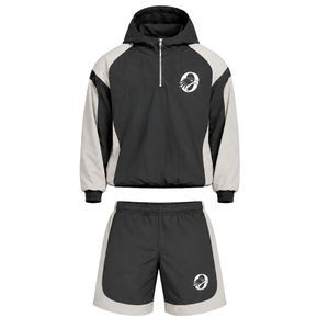 Mens Charcoal Black Neutral Nylon Quarter Zip <b>Hoodie</b> Shorts Set Colorblock Athletic Gym <b>Running</b> Casual Sports Outfit - Product Image 1