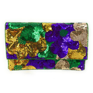 Pochette pliable en perles brodées à la main, sac à main décontracté vert or violet à paillettes florales, style enveloppe de soirée - Product Image 3