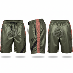 <b>Men's</b> Olive Green Quick Dry Board <b>Shorts</b> <b>With</b> Drawstring Waist And <b>Zipper</b> <b>Pockets</b> Sporty Style Side Stripe Mid Rise - Product Image 1